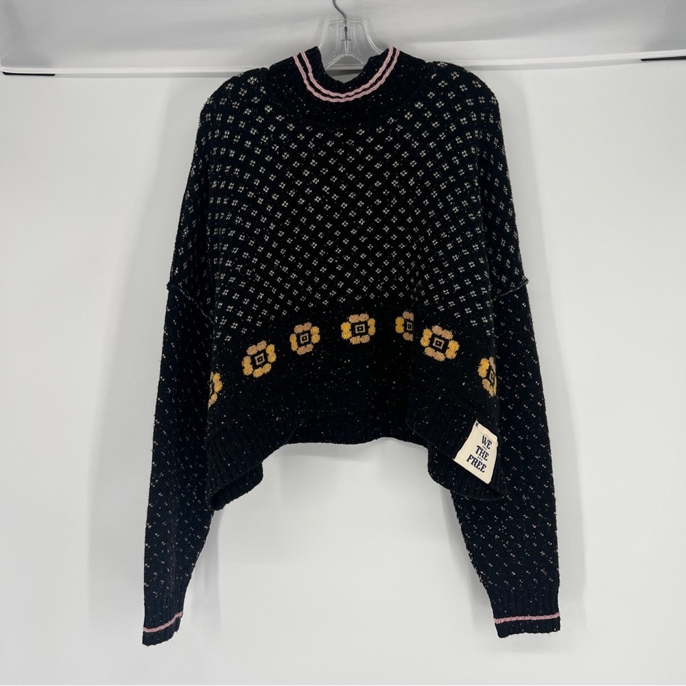 Free People Flower Patch Black Floral Knit Wool Blend Mock Neck Pullover Sweater - Picture 3 of 9